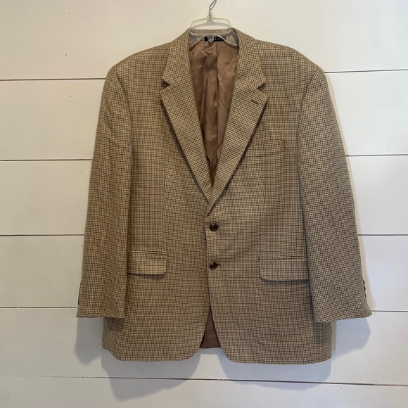 Ralph Lauren Men 44R Sport Coat Blazer Tan Beige Houndstooth Wool/Silk Jacket - Picture 1 of 6